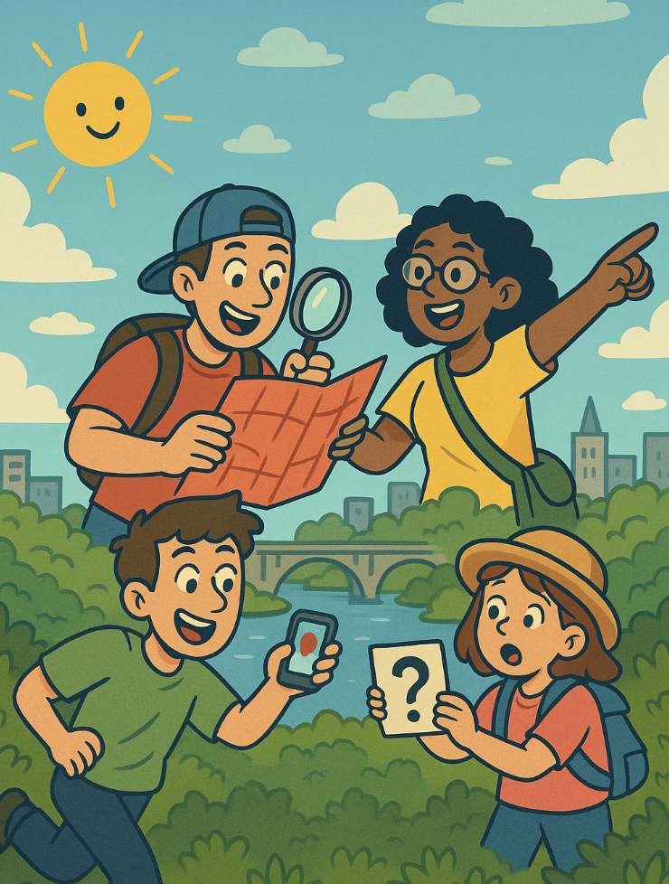 A group of youngsters get ready for a scavenger hunt in Saskatoon in this cartoonish image.
